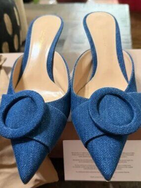 Gianvito Rossi Blue Denim Pointed Slingback with Round Buckle